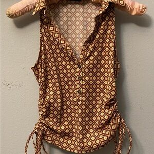 Brown and Gold Ruched Sleeveless Blouse